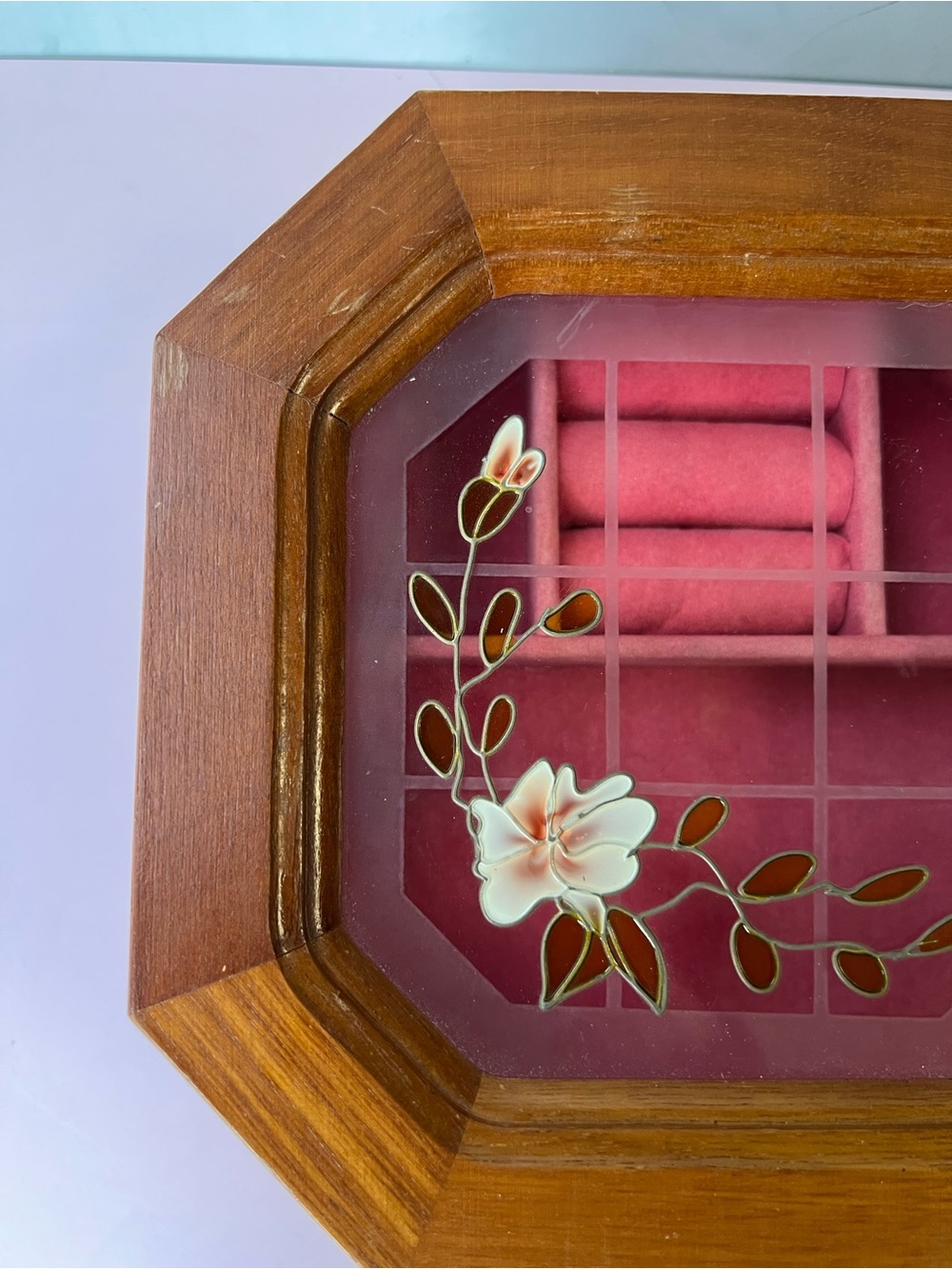 Vintage Mele Octagonal Wooden Jewelry Box Stained Glass Floral Top 1980s - Picture 6 of 10